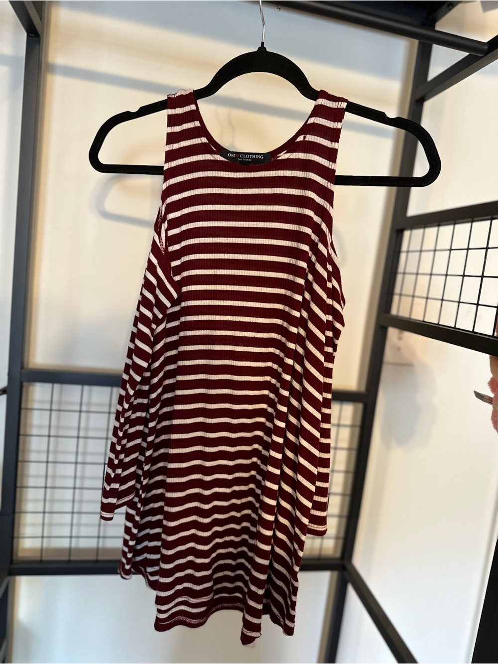 One Clothing Ribbed Striped Cold Shoulder Top - Maroon & White